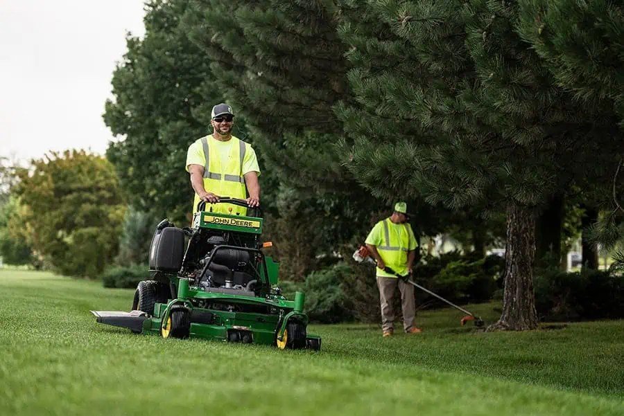 Landscape maintenance crew working on a commercial property