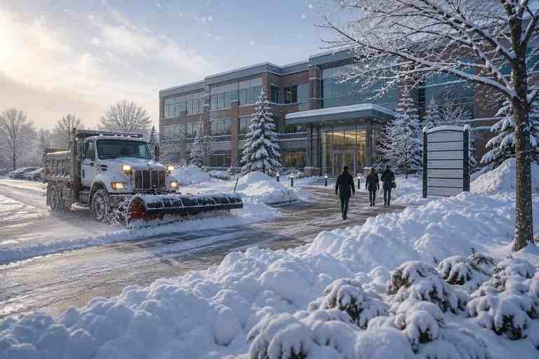 R.M. Landscape snow removal crew clearing a commercial parking lot in Western New York before businesses open.